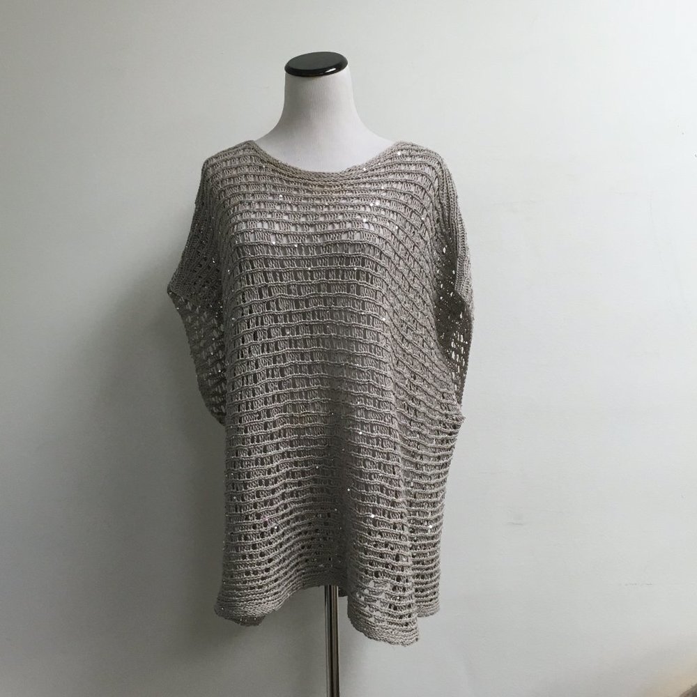 Eileen Fisher Taupe gray crochet sleeveless sequins tunic sweater top XL